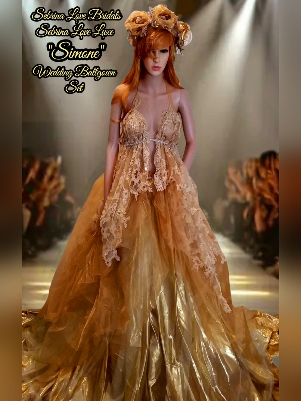 SIMONE Gold Crystal Organza Lace Wedding Ballgown
